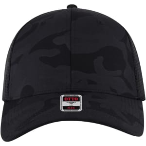 A black camouflage trucker cap with a low profile design and a flexible fit featuring a logo on the front.
