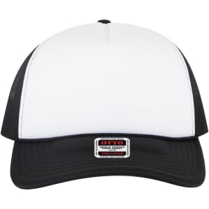 A 5 panel low profile trucker cap in black and white, featuring a branded label on the front.