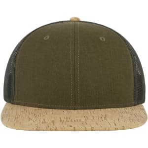 A green trucker cap with a cork-style brim and mesh sides, featuring a logo on the front.