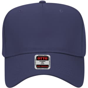 A navy blue 5 panel mid crown baseball cap with a logo on the front.