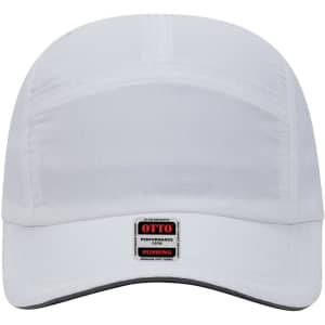 A reflective white 5-panel running cap with a black brim and a logo on the front.