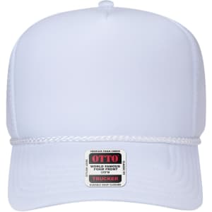 A white 5 panel high crown air mesh back trucker hat with a logo on the front and a braided band.