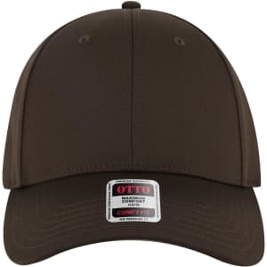 A brown low-profile baseball cap with six panels, featuring a logo on the front.
