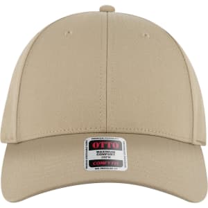 A beige six-panel low-profile baseball cap with a logo on the front.
