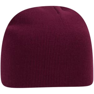 A burgundy classic knit beanie with a simple, smooth design and a logo.