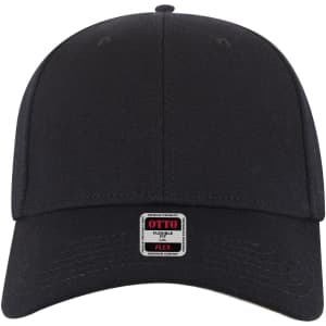 A black six-panel low profile baseball cap with a flexible fit and a branded label on the front.