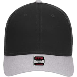 A low-profile trucker cap with a black front and grey visor, featuring a logo on the front panel.