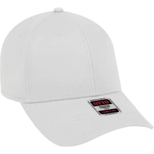 A white six-panel low profile baseball cap with a branded tag on the front.