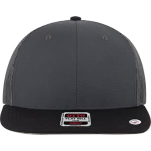 A grey trucker cap with a flat bill and a black peak, featuring a logo on the side.