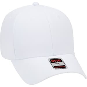A white low profile baseball cap featuring a branding logo on the front. The cap has six panels and a rounded shape.