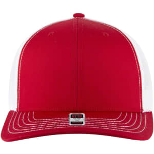 A red and white 6 panel mid-profile trucker cap with a logo on the front.