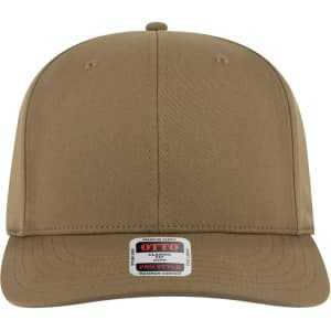 A khaki 6 Panel Pro Style Snapback Hat featuring a logo on the front. The hat has a flat brim and ventilation holes.
