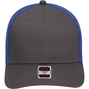 A grey and blue 6 Panel Low Profile Trucker Cap featuring a mesh back and a logo on the front.