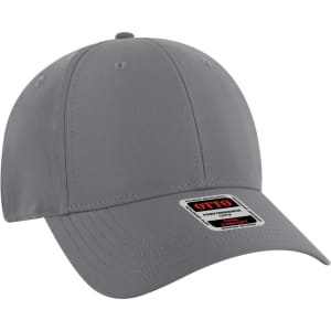 A grey 6-panel low-profile baseball cap with a fitted style and a branded label on the side.