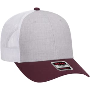 A low-profile trucker cap featuring a grey front and a maroon brim, with a mesh back and a logo on the side.