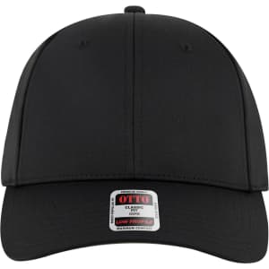 A black 6 panel low profile baseball cap with a branded tag at the front.