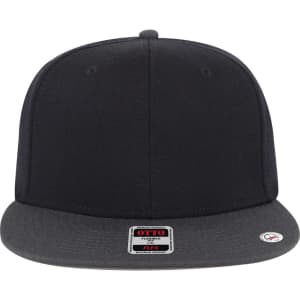A black six-panel mid-profile baseball cap with a flat brim and a logo on the front.