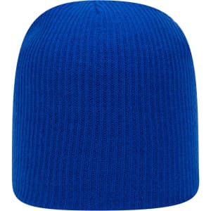 A premium rib knit beanie in a vibrant blue colour, featuring a plain design and a logo.