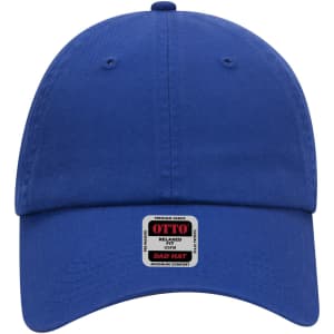 A blue 6 panel low profile dad cap featuring a tags and a logo. Suitable for casual headwear.
