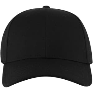 A black 6 panel low profile baseball cap featuring a curved brim and a logo on the front.