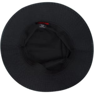 A black bucket hat featuring a wide brim and an inner lining. The hat has a logo inside.