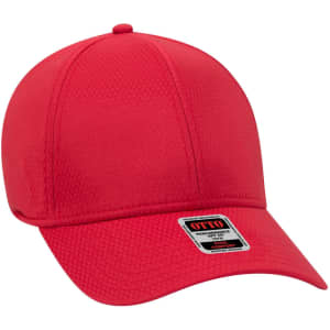 A red UPF 50+ six-panel low profile baseball cap with a logo on the front.
