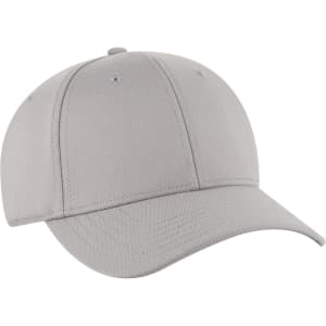 A grey 6 panel low profile baseball cap with a logo, featuring a curved brim and a smooth surface.