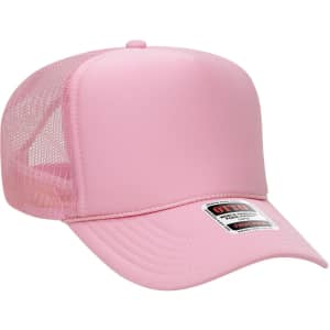 A pink 5 Panel High Crown Trucker Cap with a mesh back and a branded tag.
