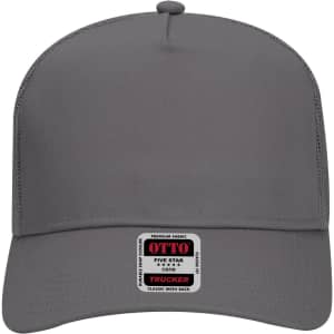 A grey 5-panel mid-profile trucker cap featuring a mesh back and a logo label on the front.