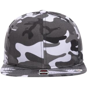 A grey and white camouflage snapback cap featuring a mid-profile design and a logo on the front.