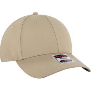 A beige six-panel low profile baseball cap with a curved peak and a logo on the front.