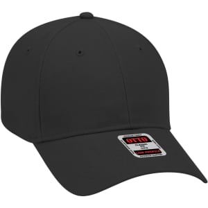 A black 6 panel low profile baseball cap with a logo on the front.