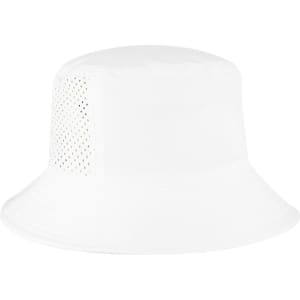 A white bucket hat featuring a mesh panel and a subtle logo on the side.