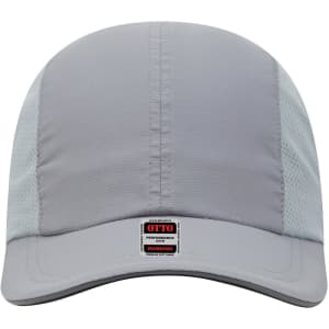 A reflective grey six-panel running cap with a mesh design and a branded label on the front.