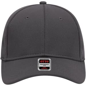 A grey 6 panel low profile baseball cap featuring a logo on the front. Made from performance materials.