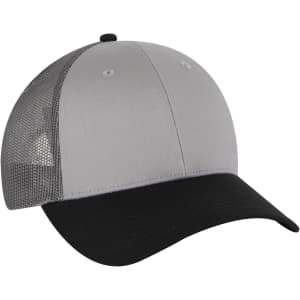 A grey and black 6 panel low profile trucker cap with a mesh back and a logo on the front.