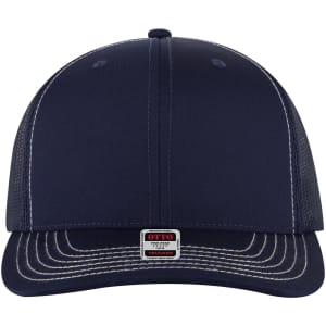 A navy 6-panel mid-profile trucker cap featuring mesh sides and a logo badge at the front.