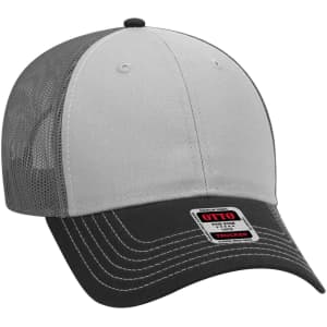A low profile trucker cap in grey and black with a mesh back and a logo on the front.