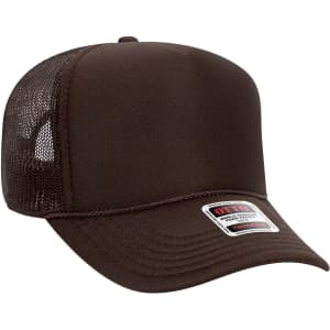 A brown 5 panel mid profile trucker cap featuring a mesh back and a small logo on the front.