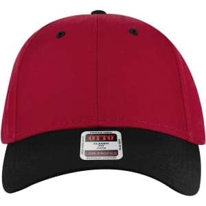 A red and black 6 panel low profile baseball cap with a logo on the front.