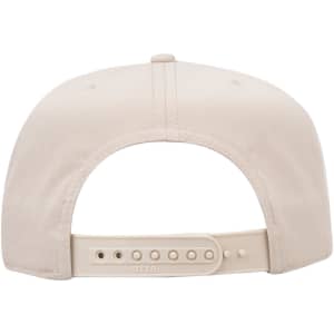 A beige 5 panel mid-profile baseball cap with an adjustable back strap and a logo.