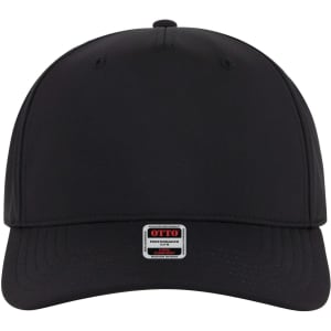 A black five-panel mid-profile style baseball cap with a logo on the front.