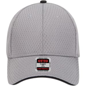A grey six-panel low profile baseball cap with a branded label at the front and a black visor.