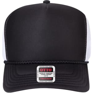 A black and white 5 panel high crown air mesh back trucker hat with a branded label on the front.