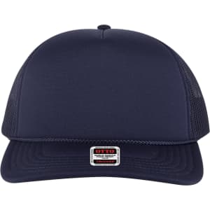 A navy blue 5-panel high crown trucker cap with a branded logo on the front and mesh sides.