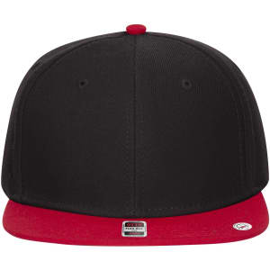 A black snapback cap with a red visor and an insignia on the side.