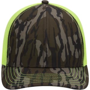 A camo baseball cap in earthy tones with bright green accents and a dedicated logo on the front.