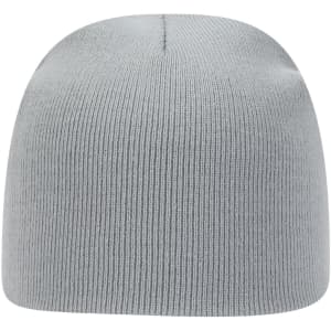 A grey classic knit beanie with a ribbed texture and a seamless design. It features a logo.