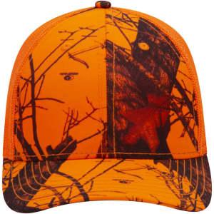 A low-profile baseball cap in bright orange with camouflage patterns and a logo.