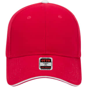 A red 6 panel low profile baseball cap with a curved brim and a logo on the front.